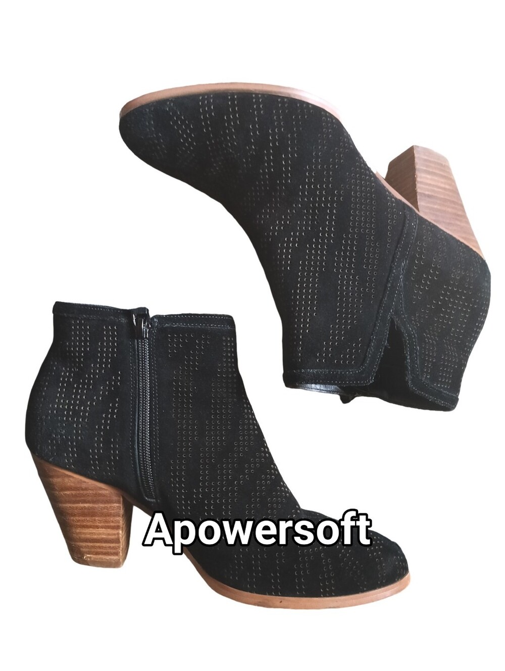 Black Suede Perforated Ankle Boot with Stacked Heel -